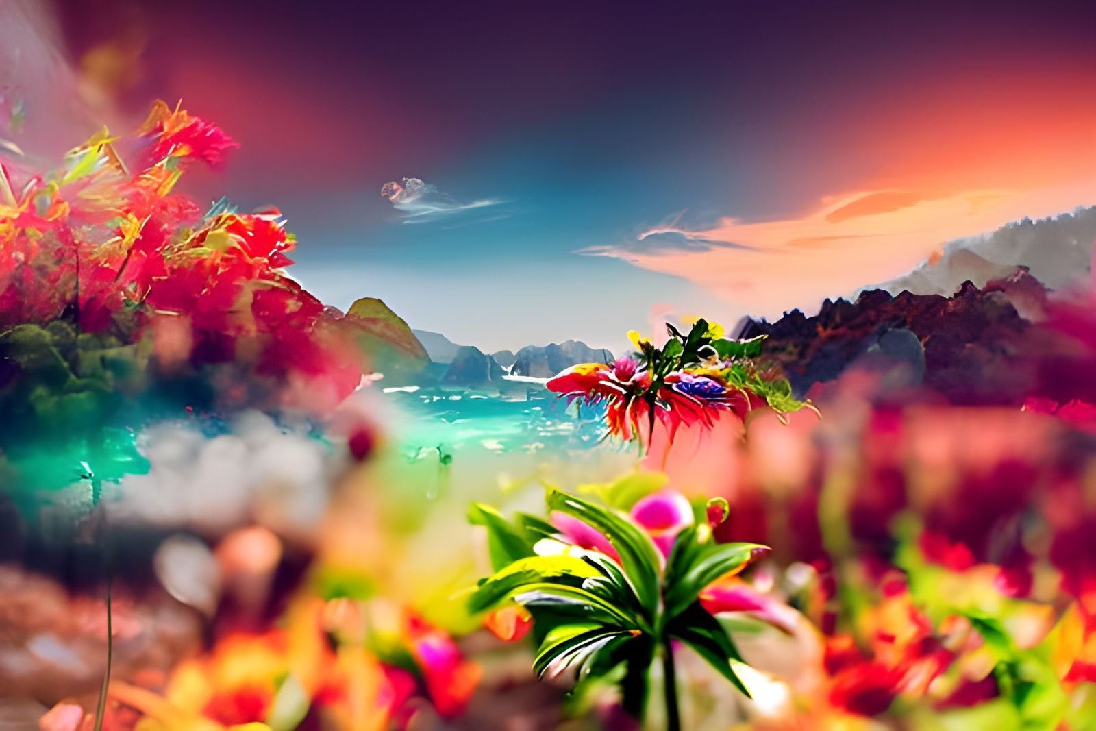fantasy tropical landscape lush green valleys and white beac...