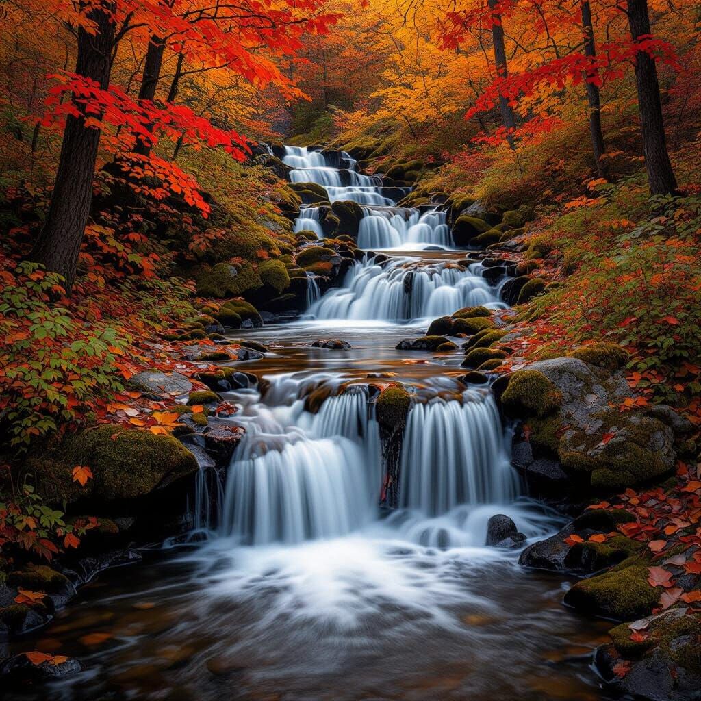 Golden Hour Autumn Waterfall Cascades in Tranquil Beauty