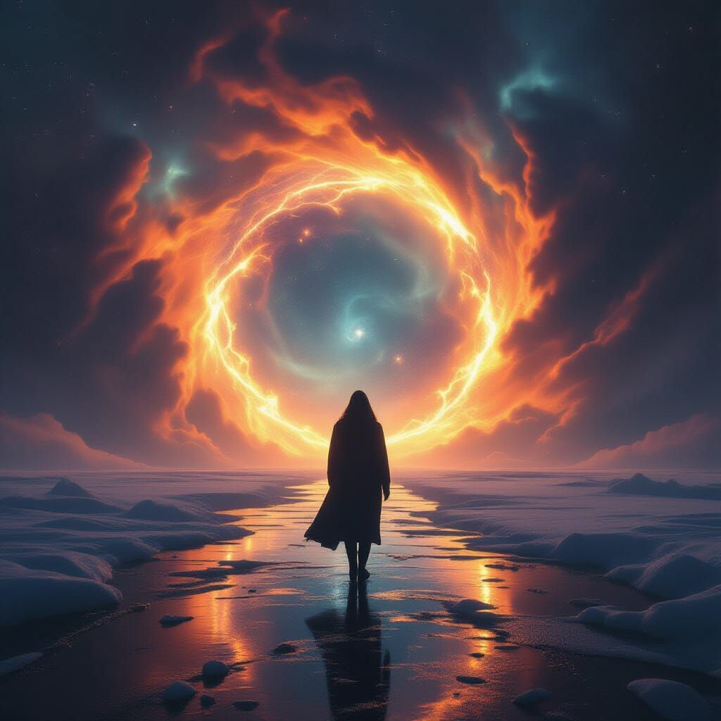 Ethereal Figure at Cosmic Portal, Cinematic Urban Photograph...