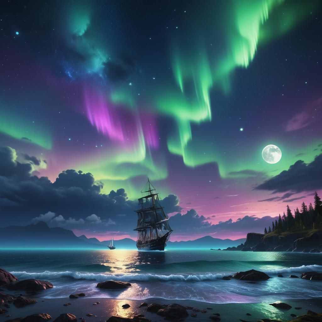 Majestic Sailing Ship Under Northern Lights: Digital Paintin...
