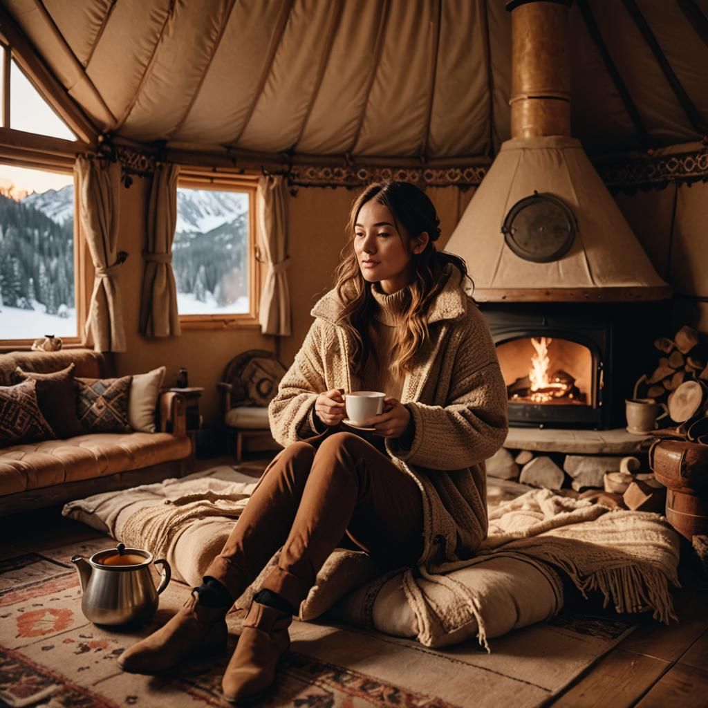Cozy Yurt Scene: Girl Drinks Tea by Fireplace