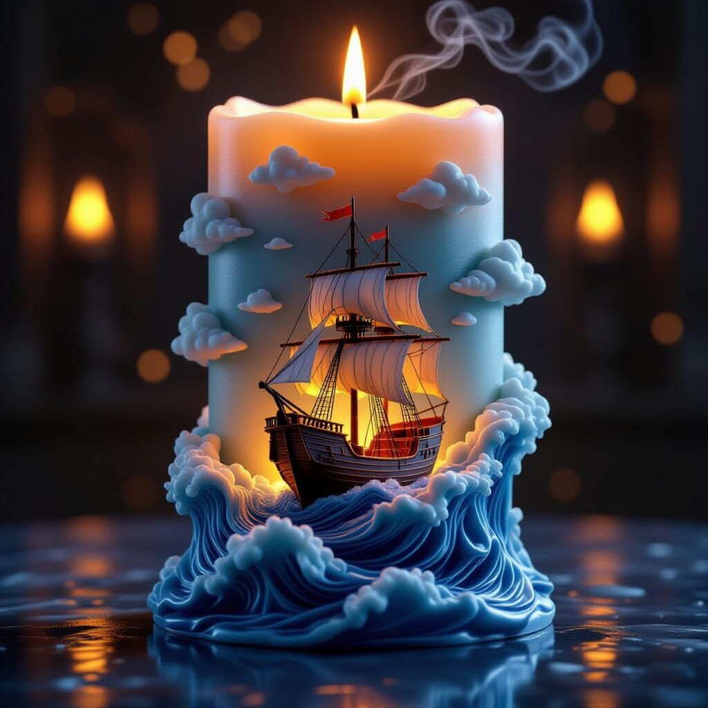 Fantasy Wax Candle Sculpture of Ship in Stormy Ocean