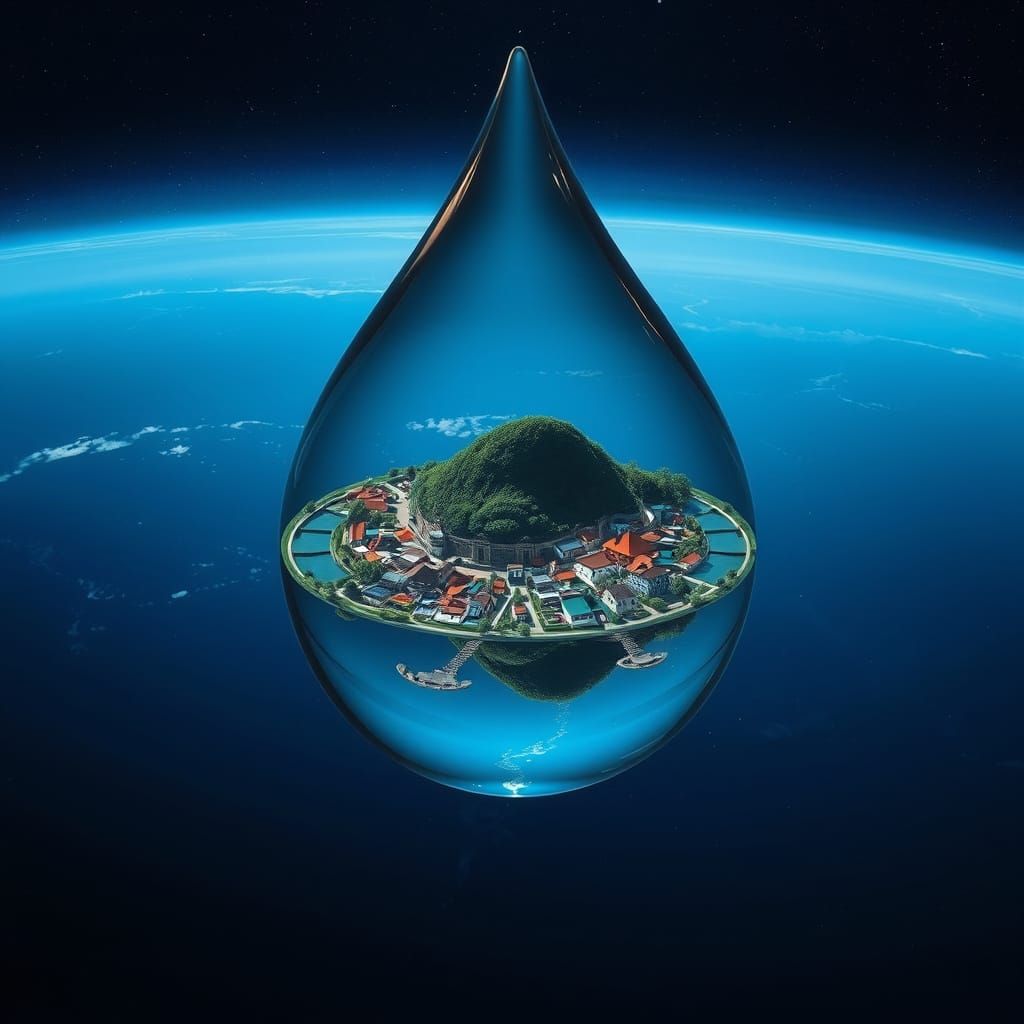 Village Inside a Water Drop in Space