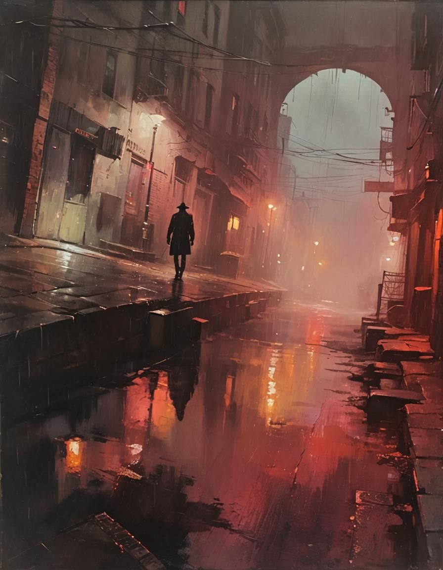 Noir Cityscape: Rain-Soaked Alley in Oil Paint