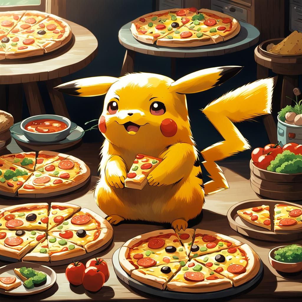 Pikachu Eating Pizza in Studio Ghibli Style