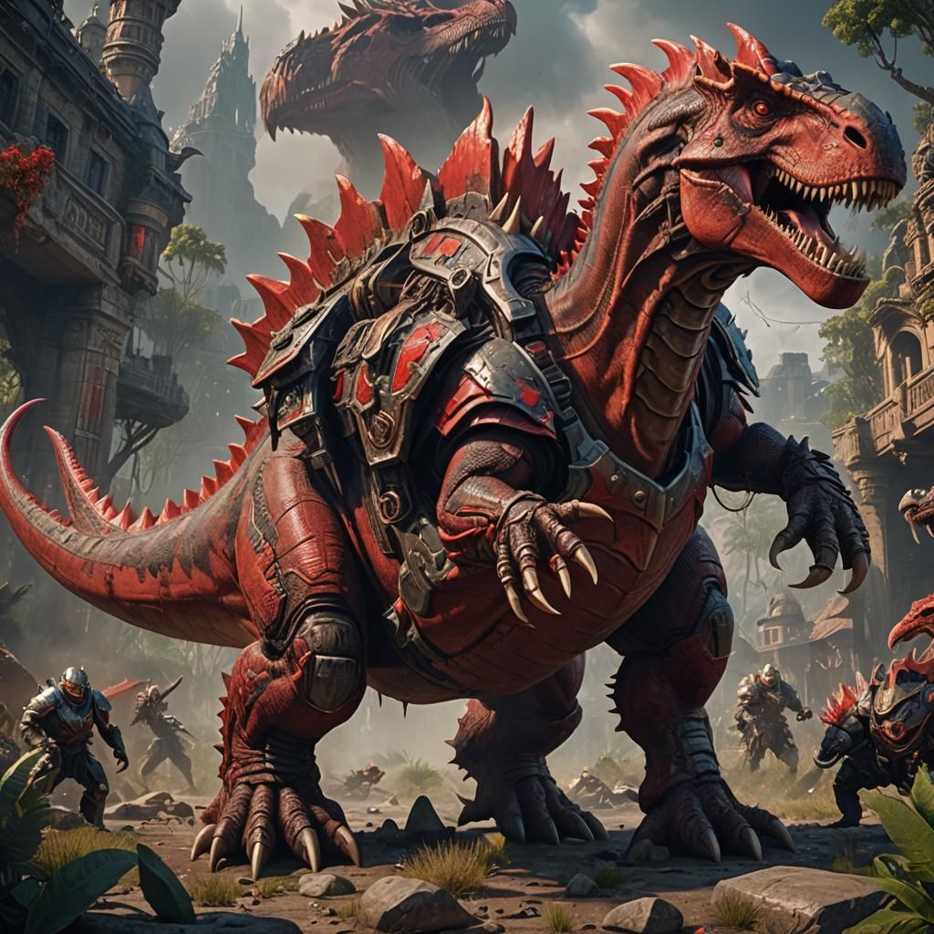 Armored Red Dinosaur in Detailed Matte Painting