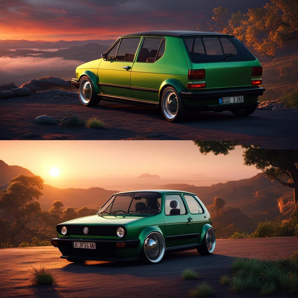 Romantic Sunset Scene with Vintage Volkswagen Golfs