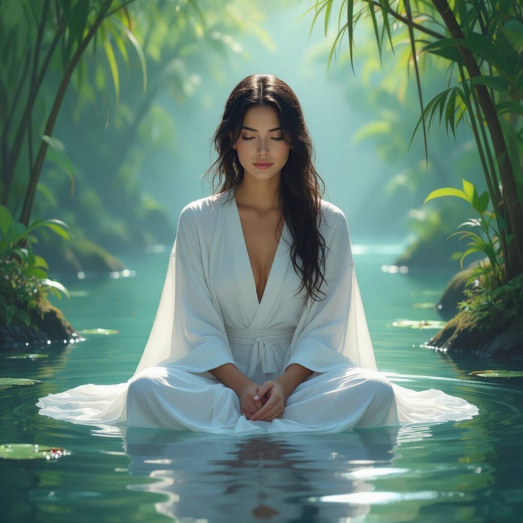 Nirvana Embodied: Woman in White Robe by Water
