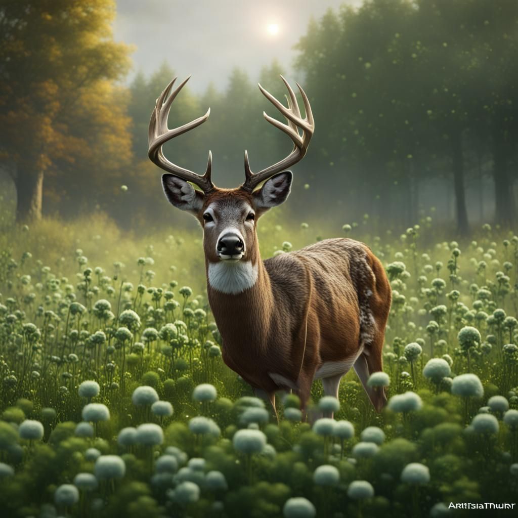 Whitetail Buck Deer Eating Clover: Detailed Matte Painting