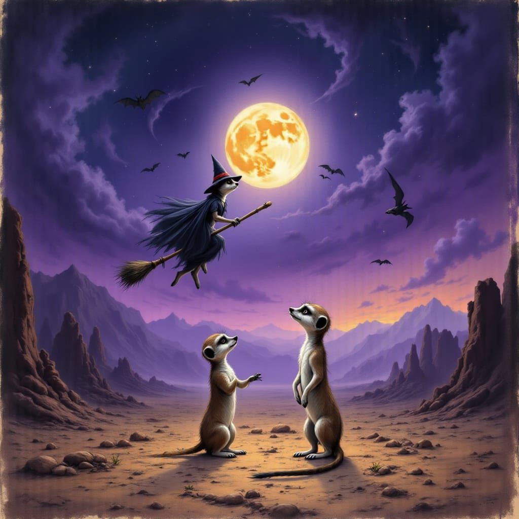 Witch Meerkat Flies Over Spooky Halloween Desert