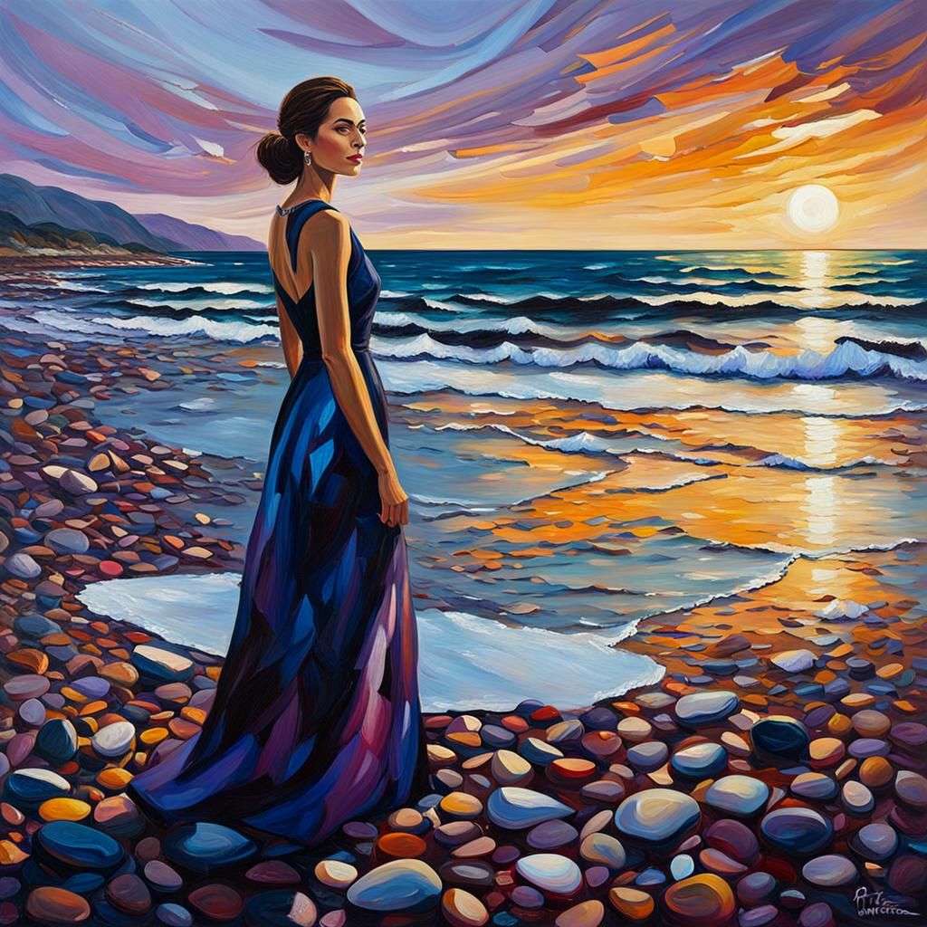 Melancholic Lady at Sunrise: Expressive Oil Painting
