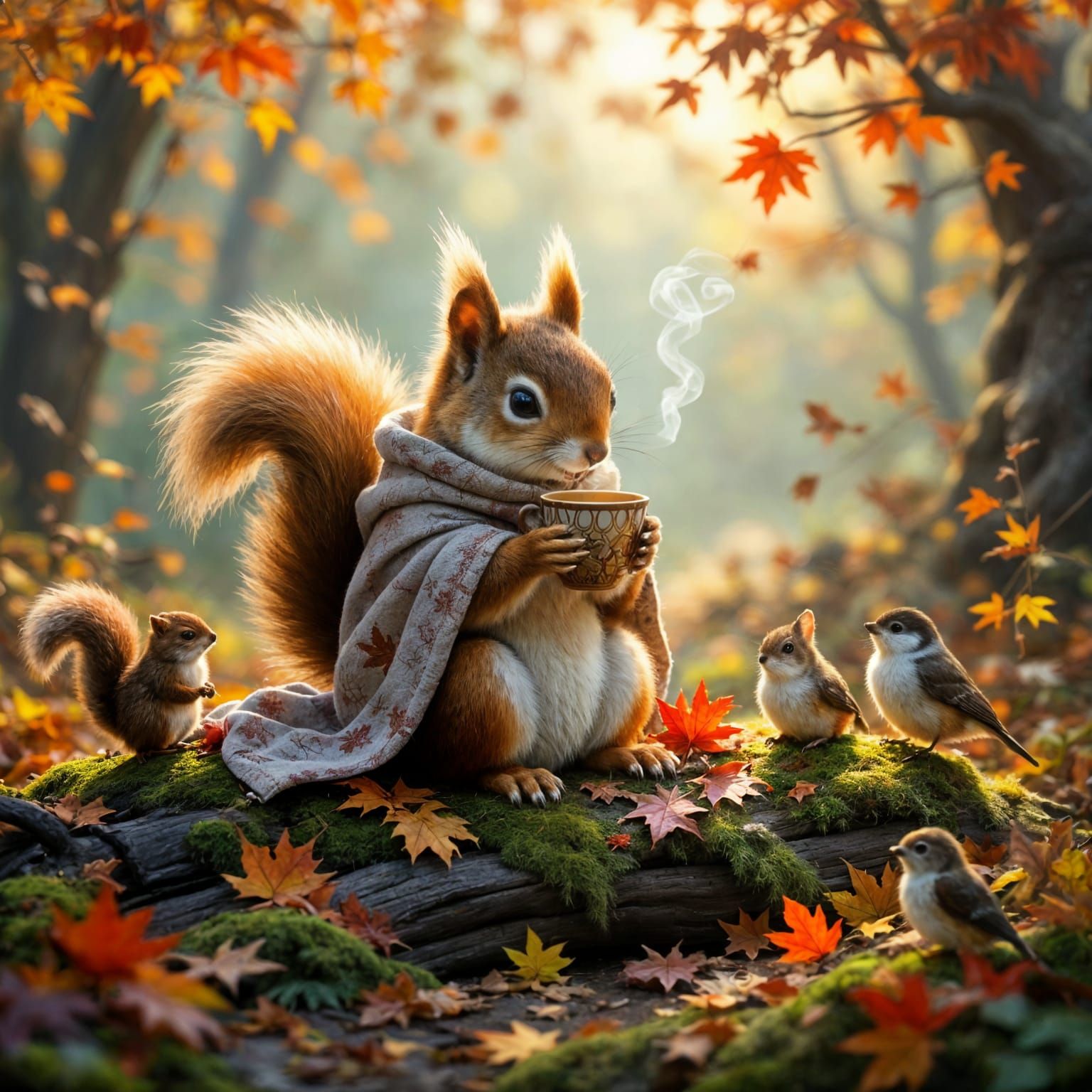 Cozy Forest Creature Sipping Tea Amidst Autumn Leaves