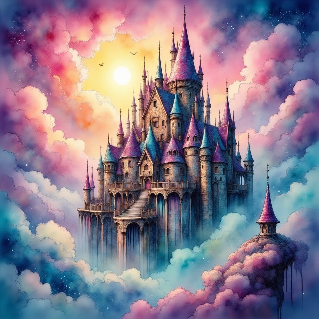 Fantasy Kingdom Amidst Velvet Clouds in Watercolour