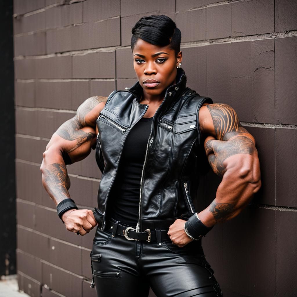 Muscular Black Woman in Biker Gear Portrait