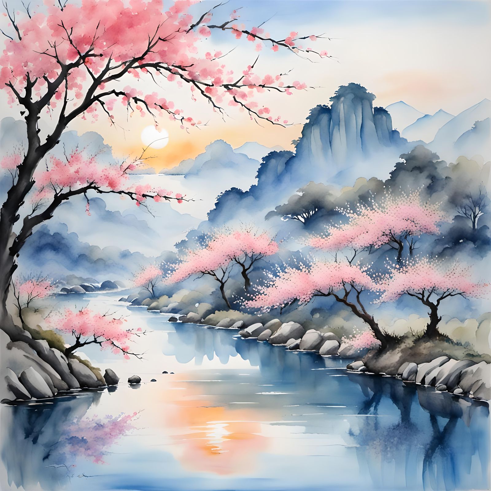 Cherry Blossoms over Calm River, Watercolor Style