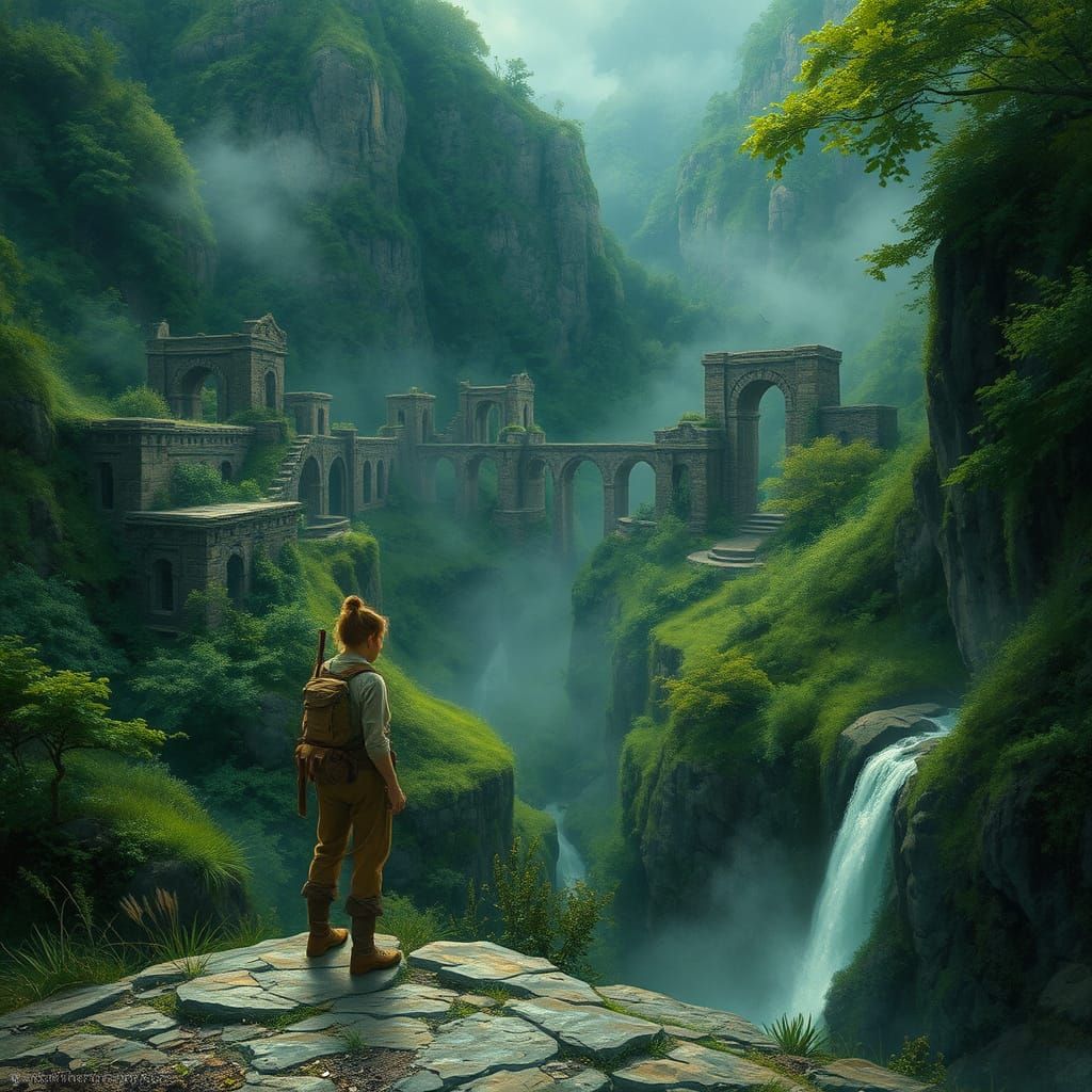 Explorer Discovers Hidden Valley Ruins in Painterly Style