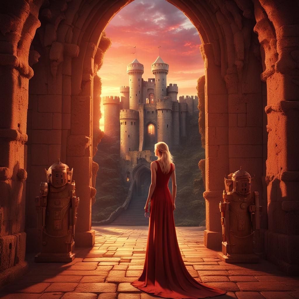 Robot and Girl in Ancient Castle Sunset