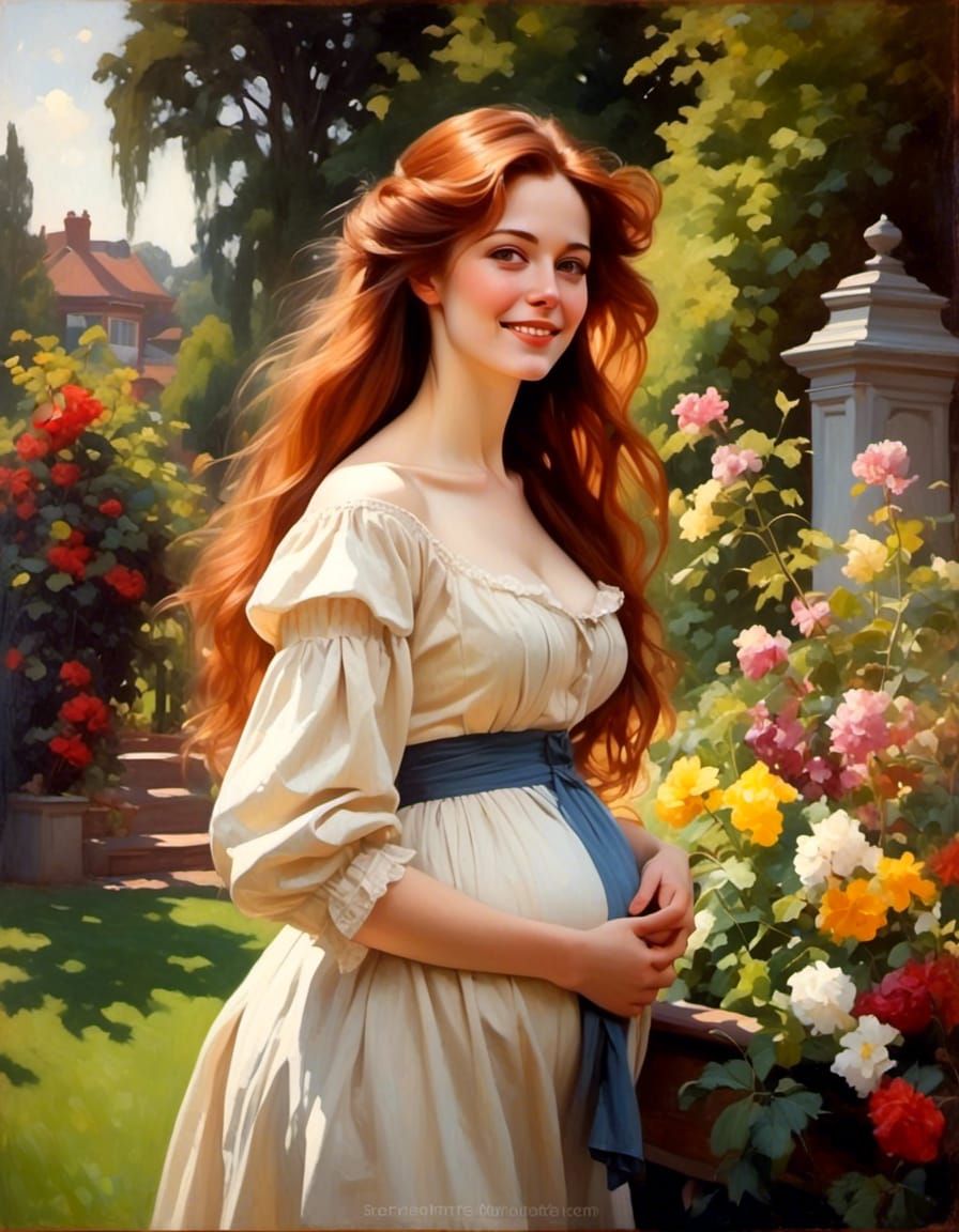 Joyful Pregnant Victorian Woman in Garden Portrait