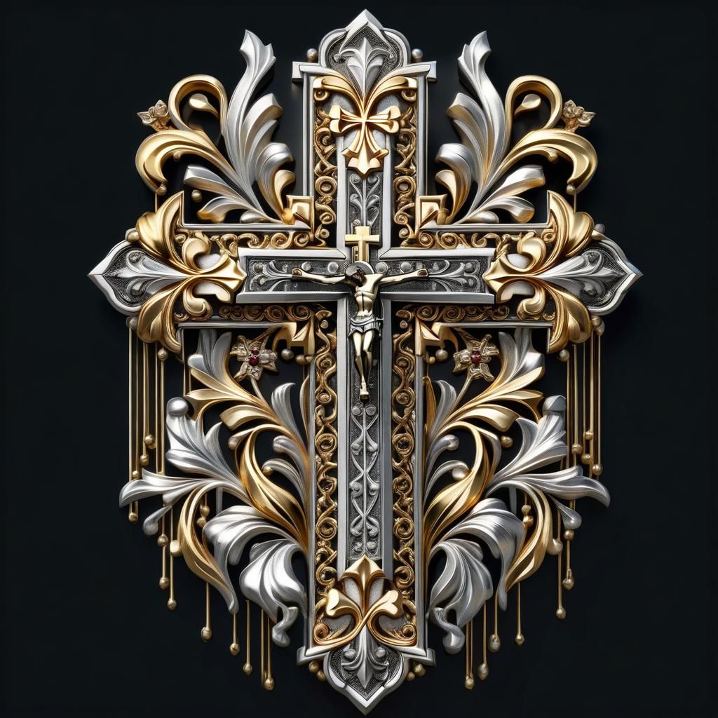 Ornate Christian Cross in Gold and Silver