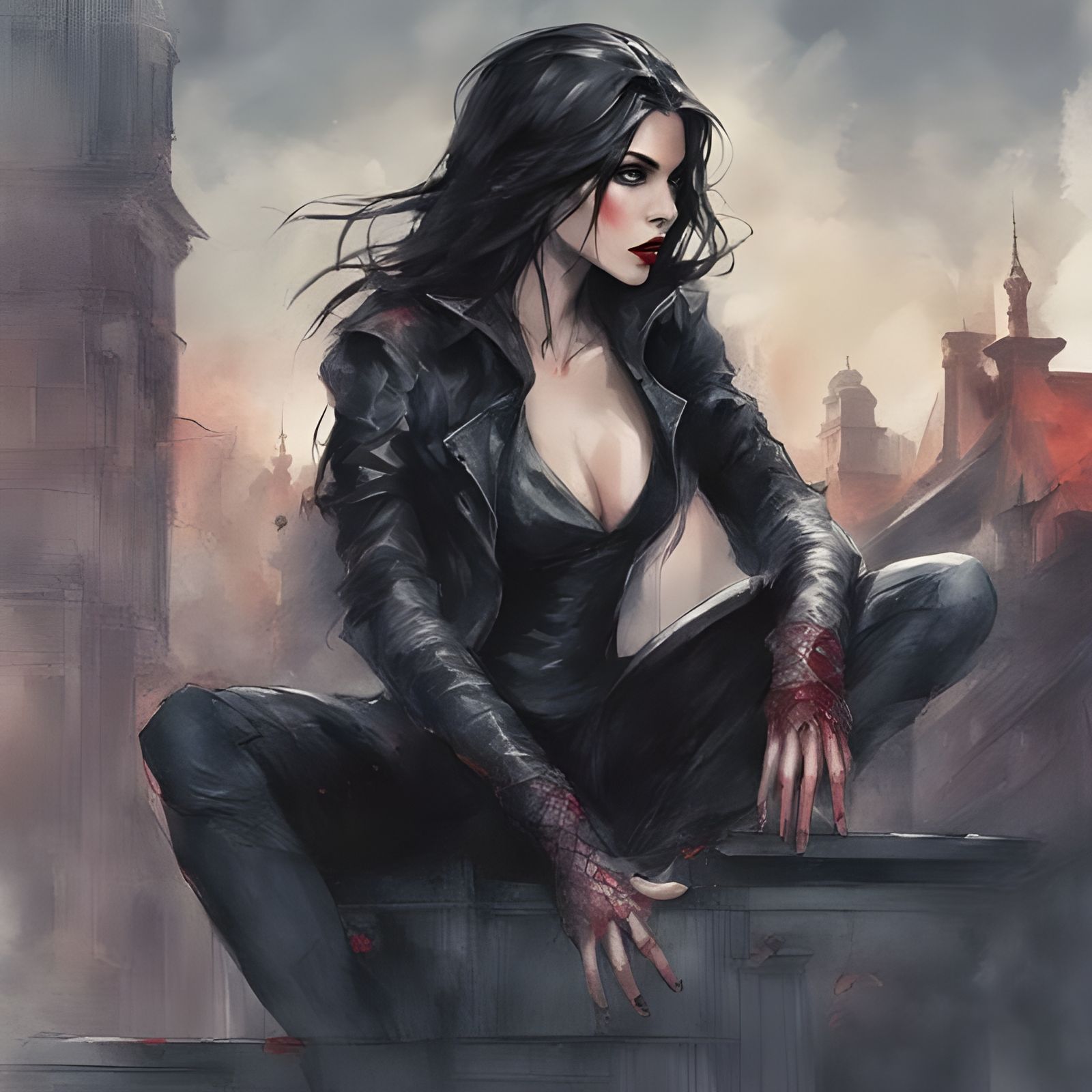 Vampire Woman Portrait in Watercolor Style