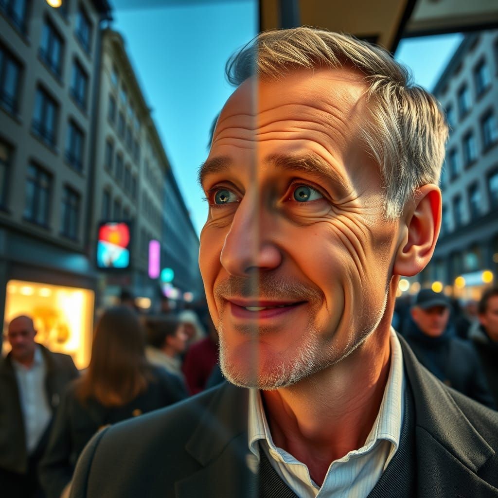 Man in Suit Sees Reflection in City Window