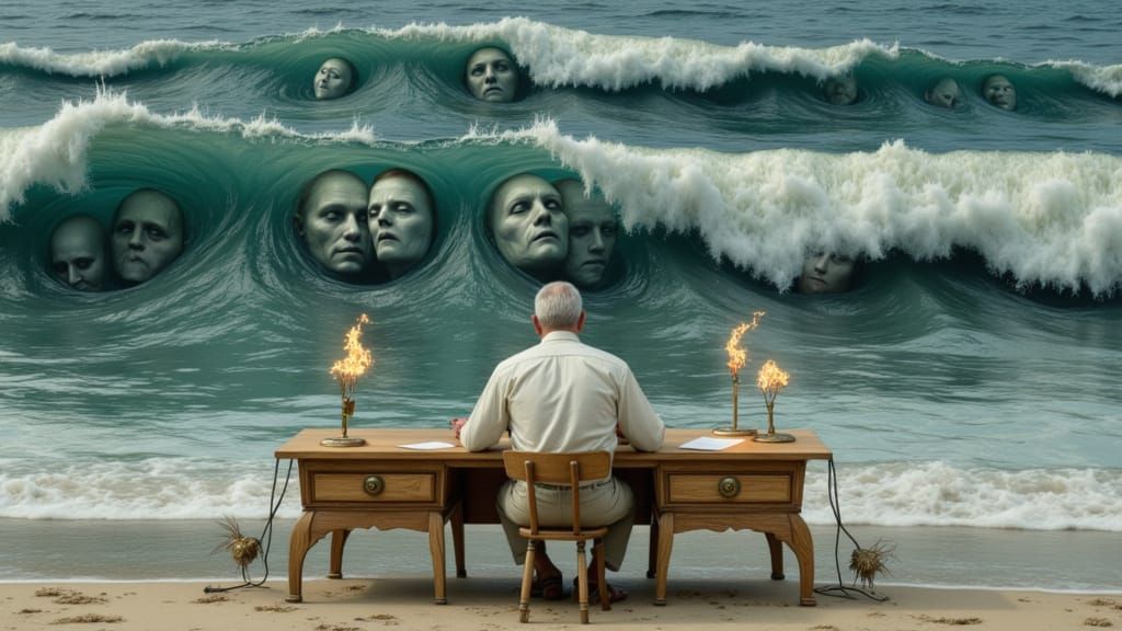 Surreal Beach Scene with Man Writing Letter