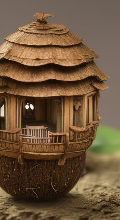 Miniature Two-Story House in Coconut Shell