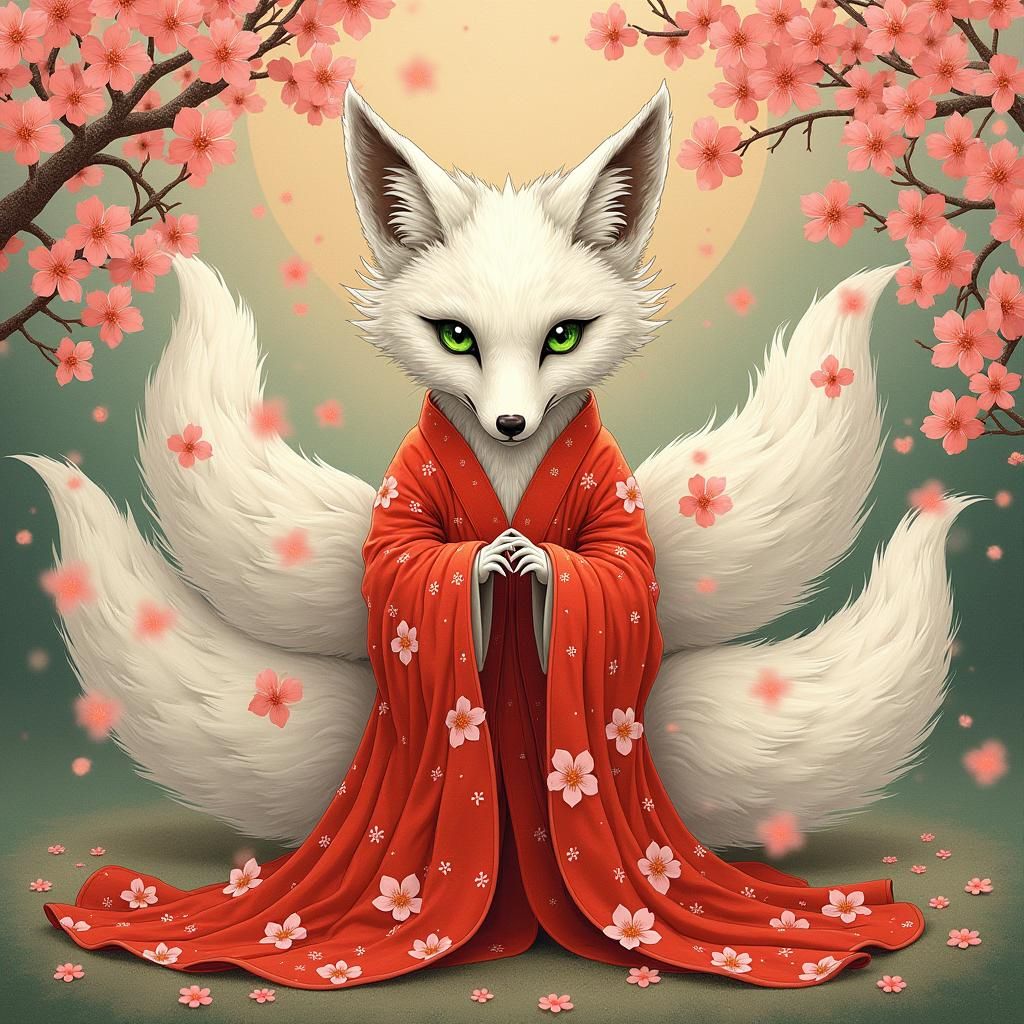 Nine-Tailed Fox in Ethereal Cherry Blossom Aura