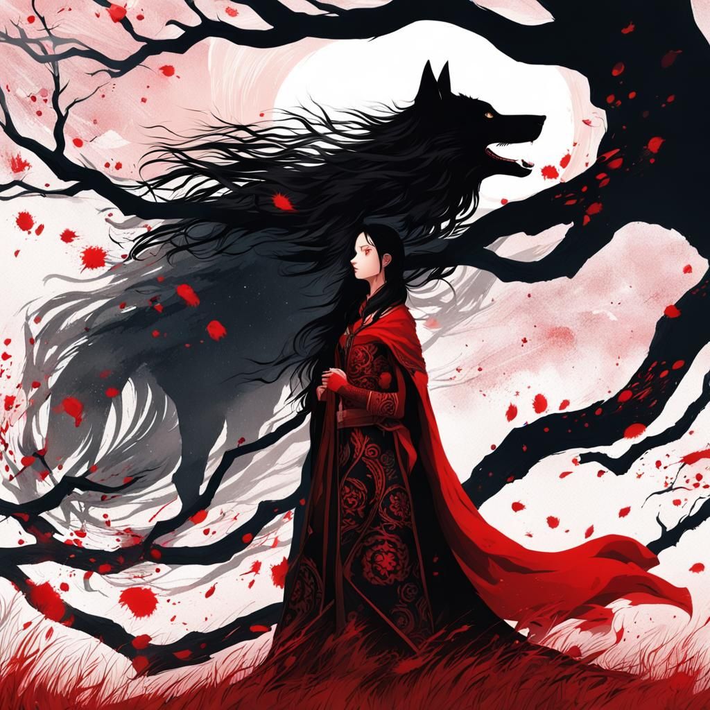 Girl with Shadow Wolves and Glowing Staff