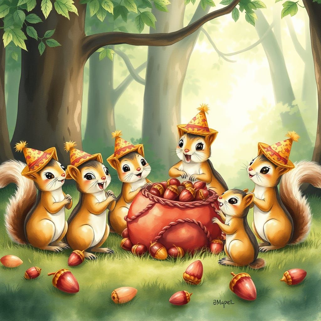 Squirrel Fiesta: A Whimsical Celebration in Watercolor