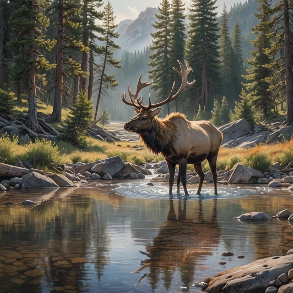 Elk Drinking in Rocky Mountain Stream: Photorealistic Landsc...