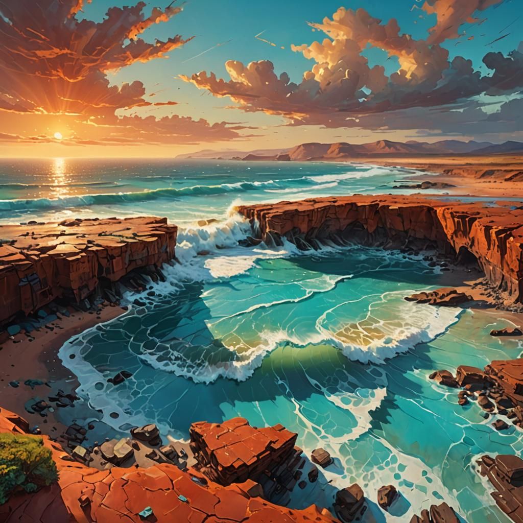 Martian Beach Sunset: A Triadic Oil Painting