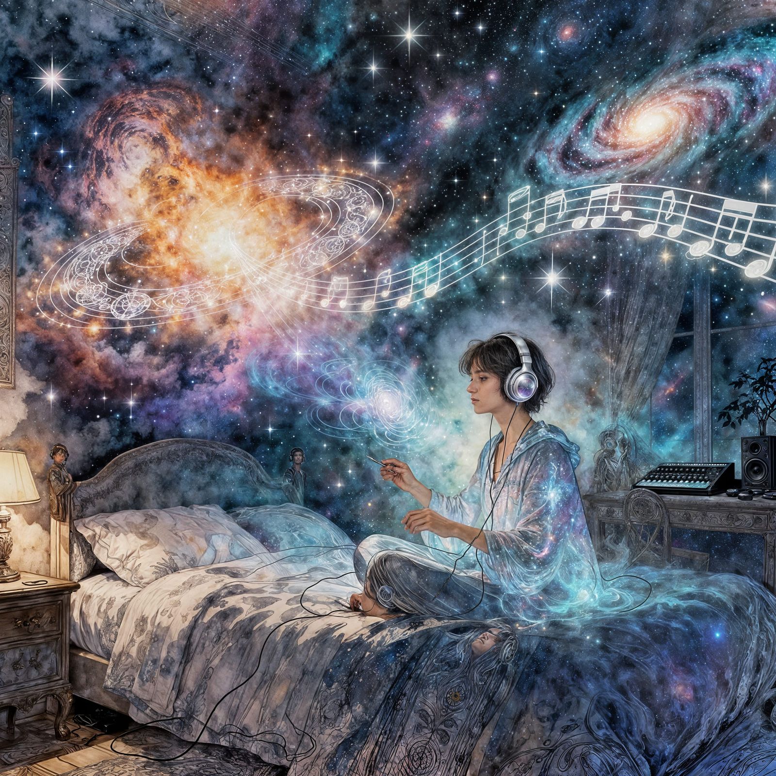 Cosmic Creation in Detailed Bedroom: Majestic Figure Conduct...