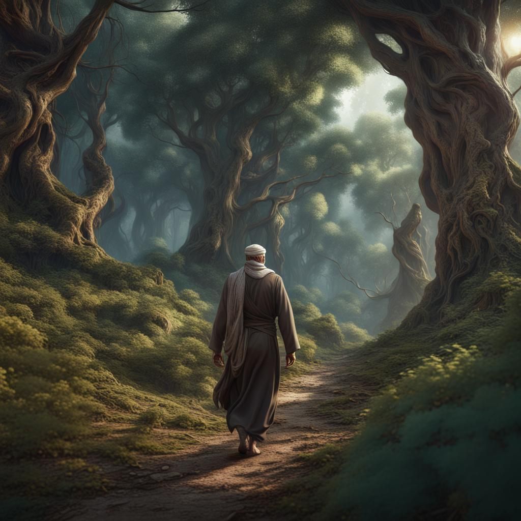 Old Muslim Man in Forest: Detailed Matte Painting