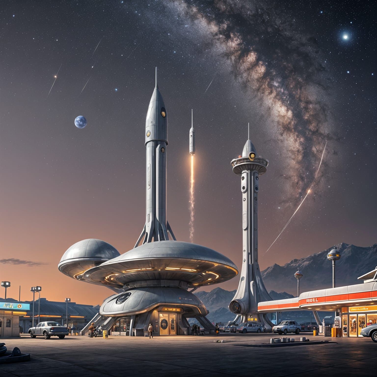 Retro-Futuristic Rocket at Alien Gas Station in Pixar Style