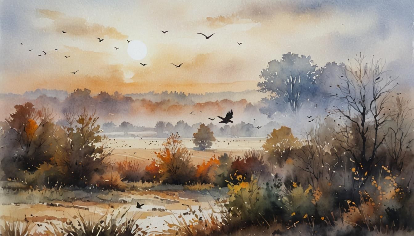 Autumn Field Landscape in Watercolor Style