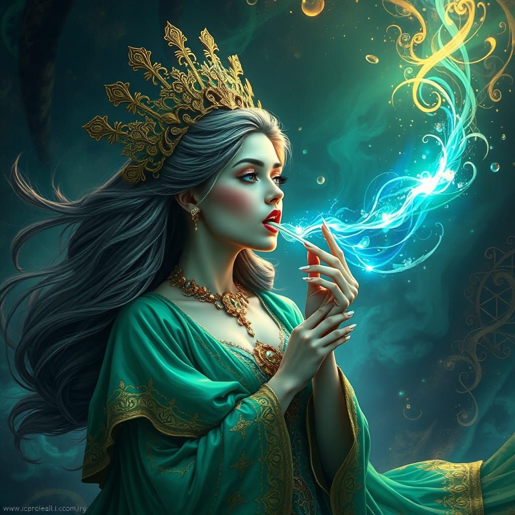 Regal Woman Sucks Glowing Stick in Ethereal Landscape