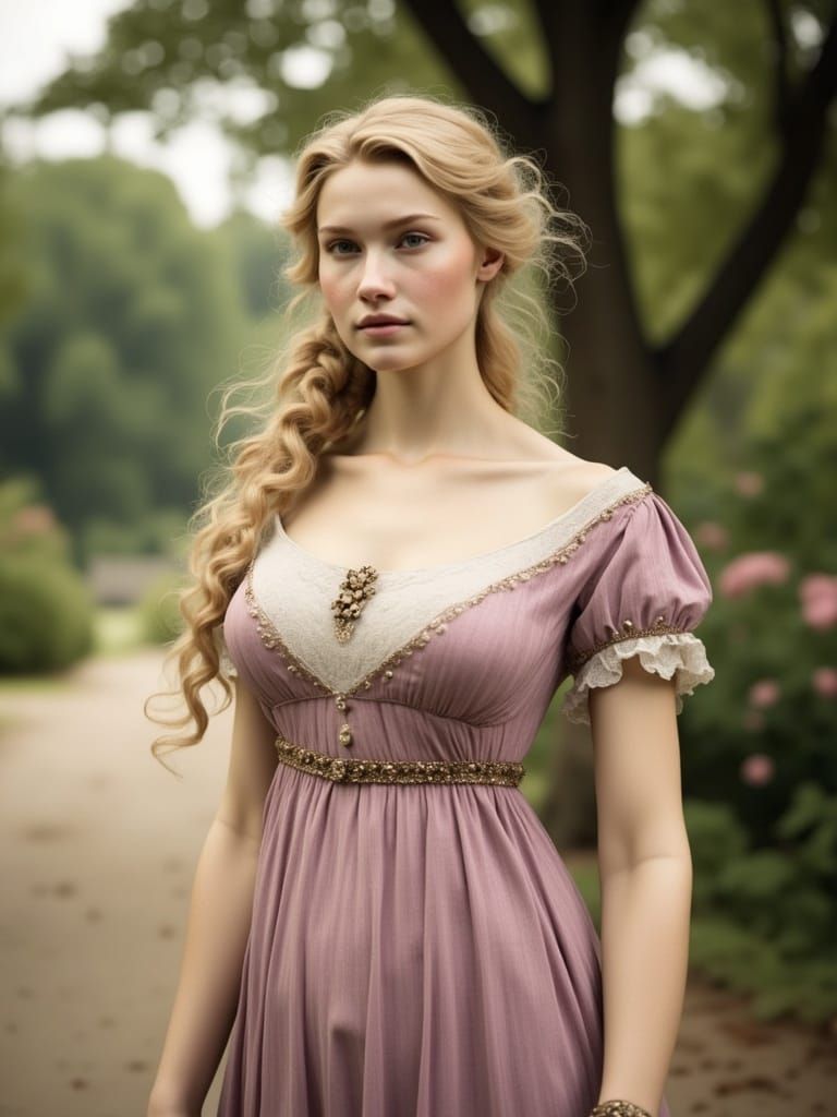 Blonde Girl in Regency Dress in Palladian Garden