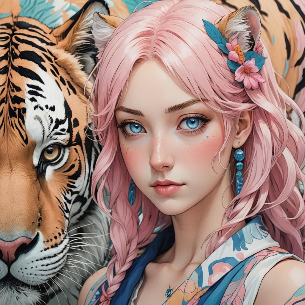 Anime Portrait: Woman with Tiger in Manga Style
