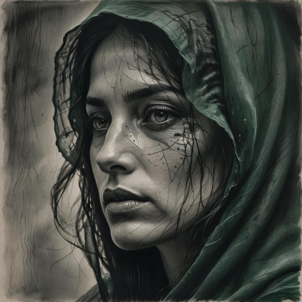 Eerie Veiled Woman in Charcoal Drawing