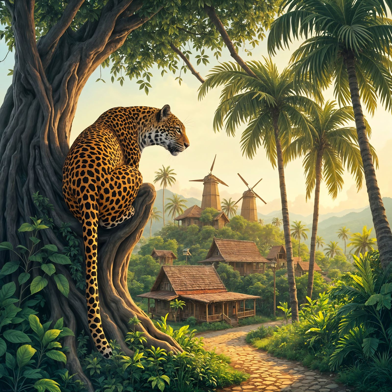 Jaguar Overlooks Solarpunk Paramaribo City