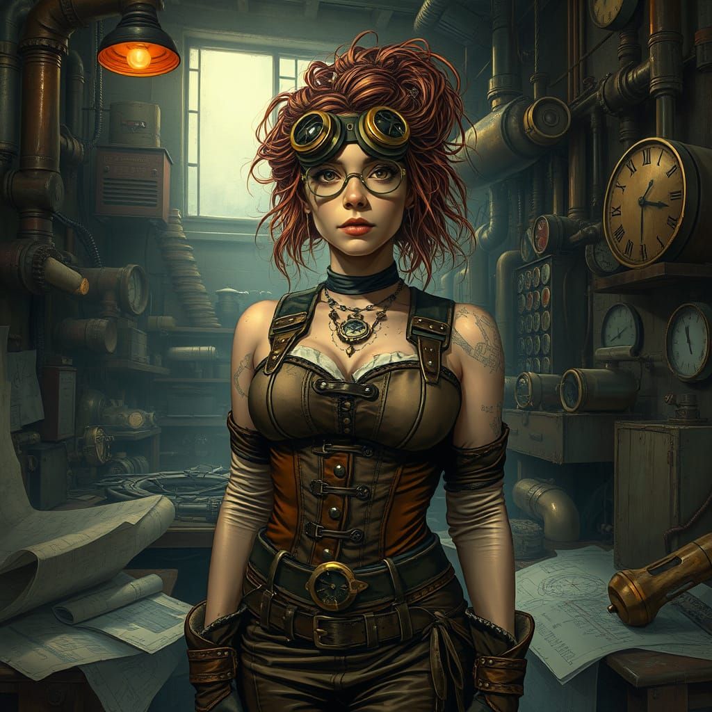 Steampunk Inventor in Gritty Workshop Setting