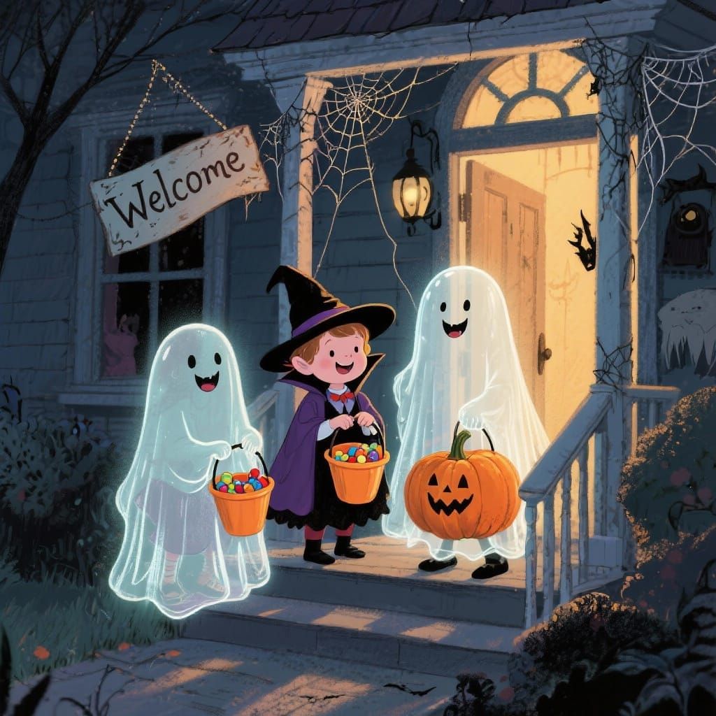 Whimsical Ghosts on Haunted House Porch