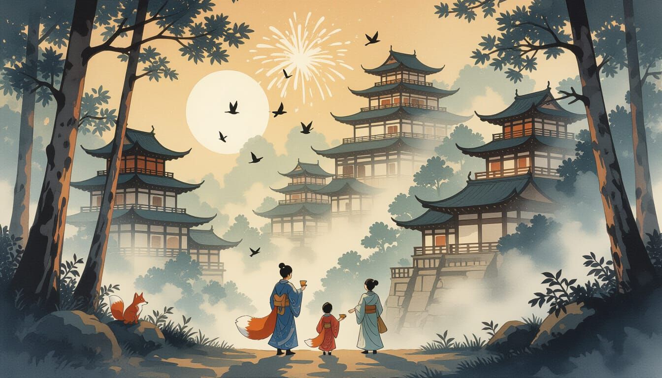 Fox Spirit Festival in Traditional Japanese Painting