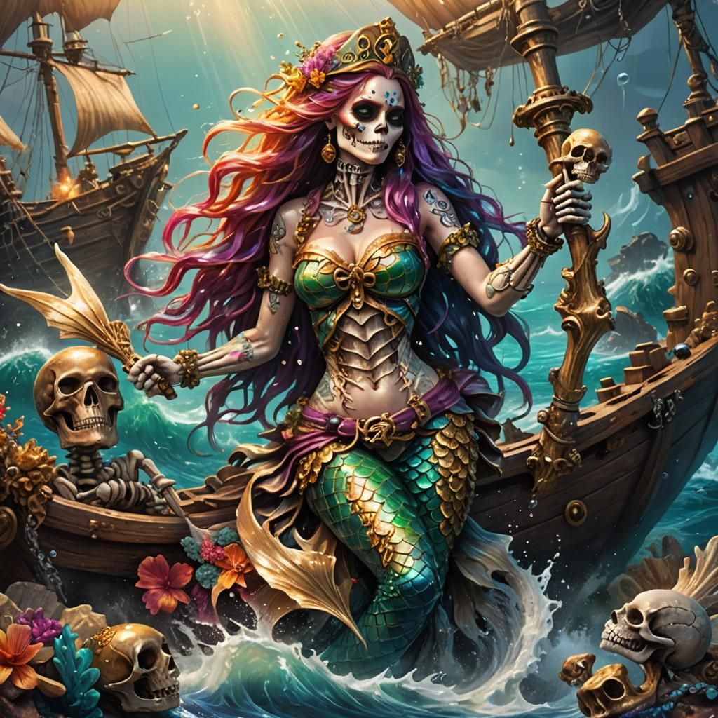 Mermaid and Pirate Skeleton with Sunken Treasure