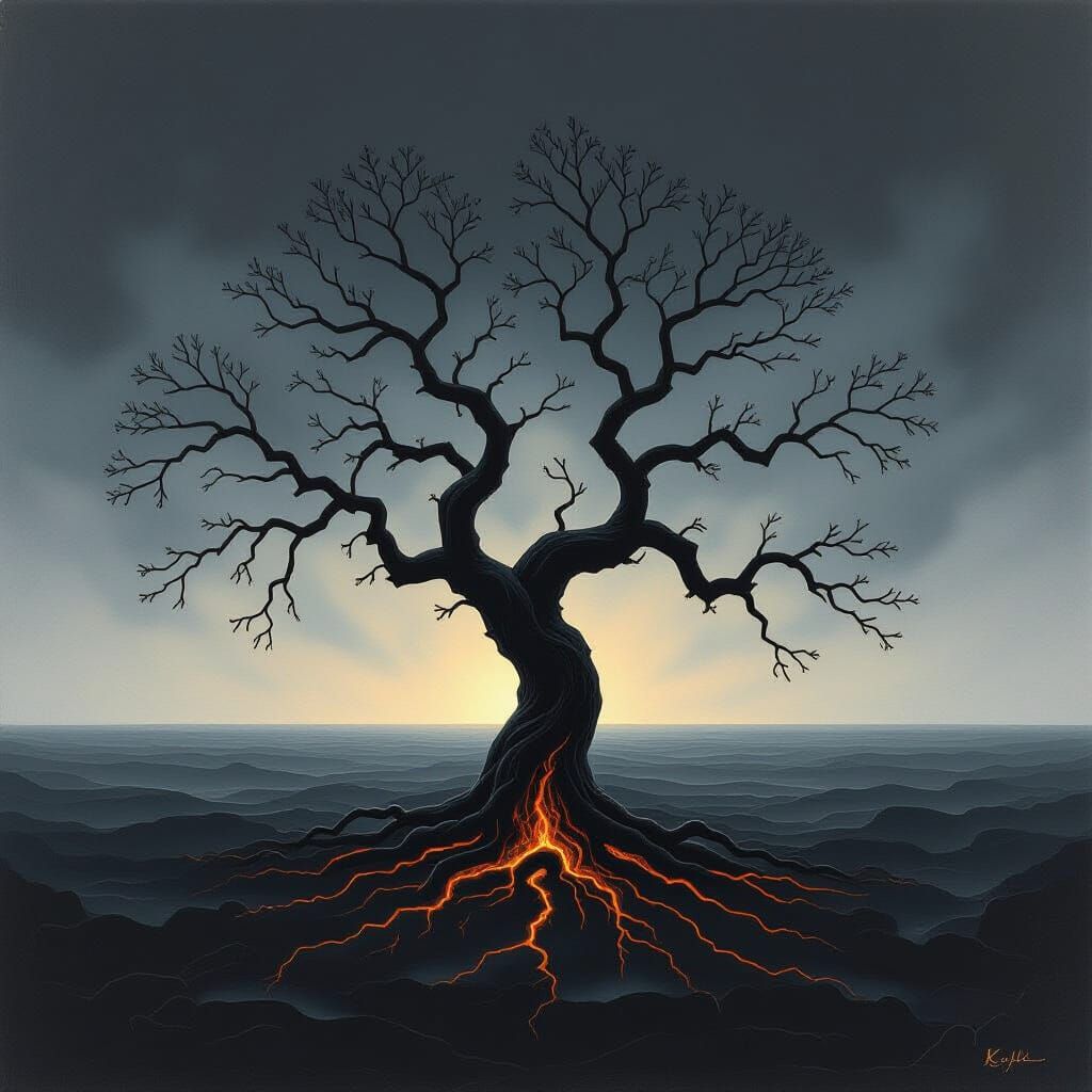 Dark Surrealism: Tree Against Charcoal Abyss