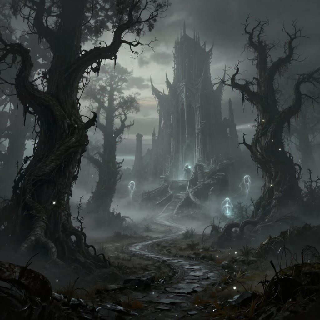 Desolate Shadow Isles Landscape in Dark Fantasy Style