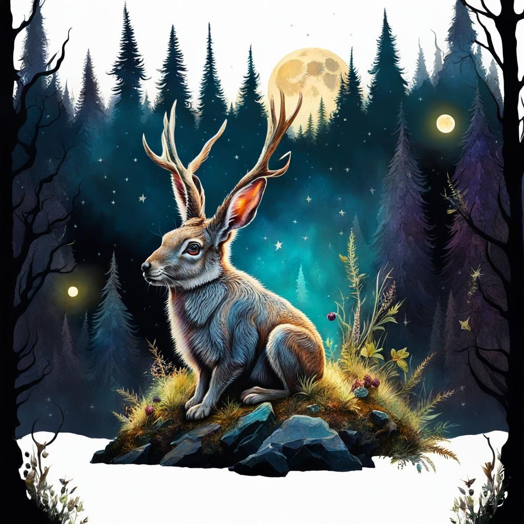 Gothic Jackalope Contemplating Happiness: Whimsical Fantasy ...