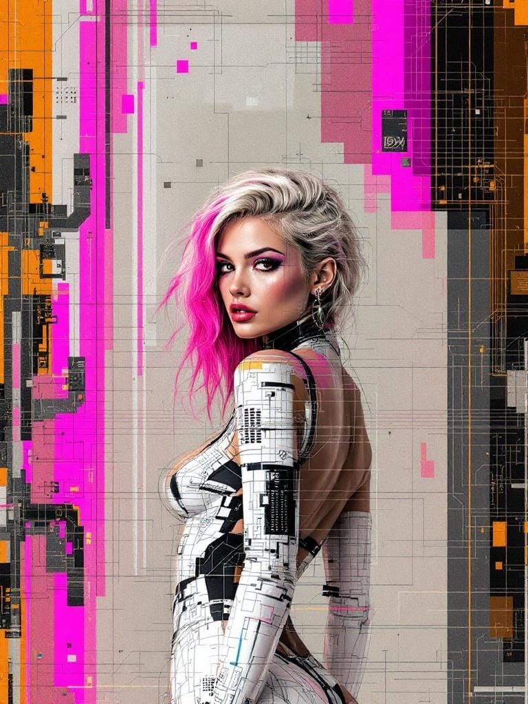 Glitch Art Pin-Up in Renaissance Engraving Style