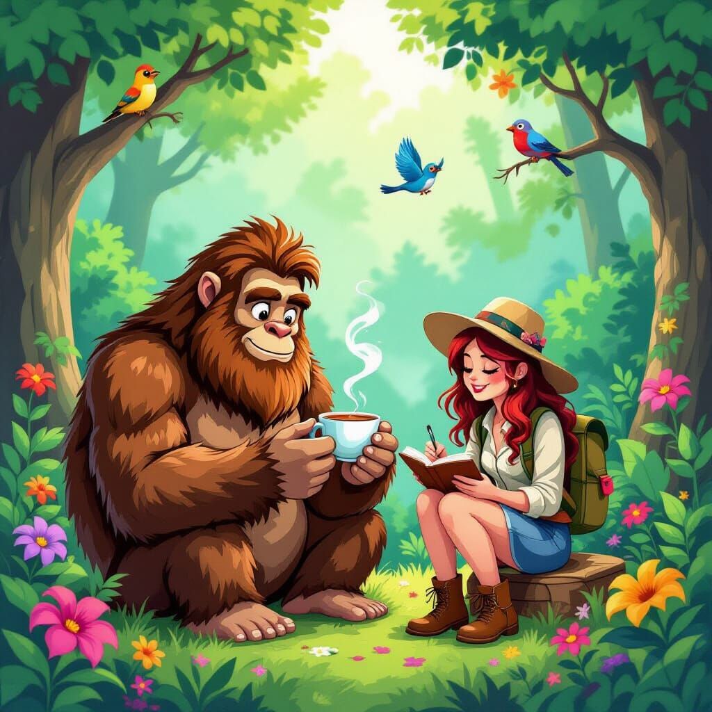 Sasquatch and Explorer in a Whimsical Jungle